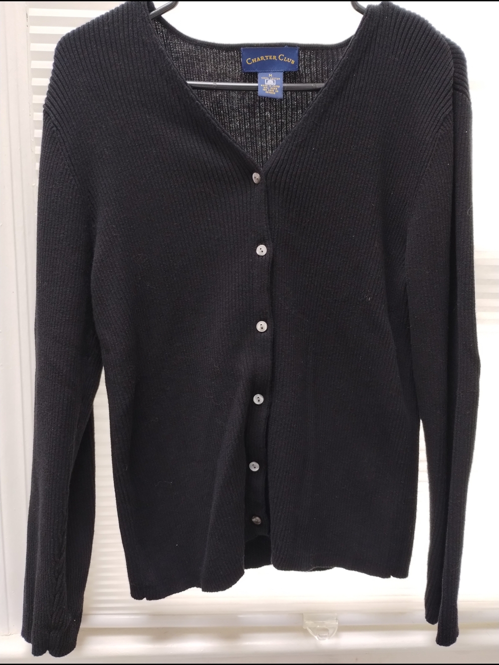 Charter Club Black Ribbed V-Neck Buttoned Cardigan